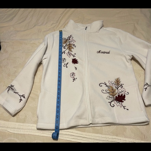 Womens White fleece zippered jacket with embroidery. - Picture 1 of 5